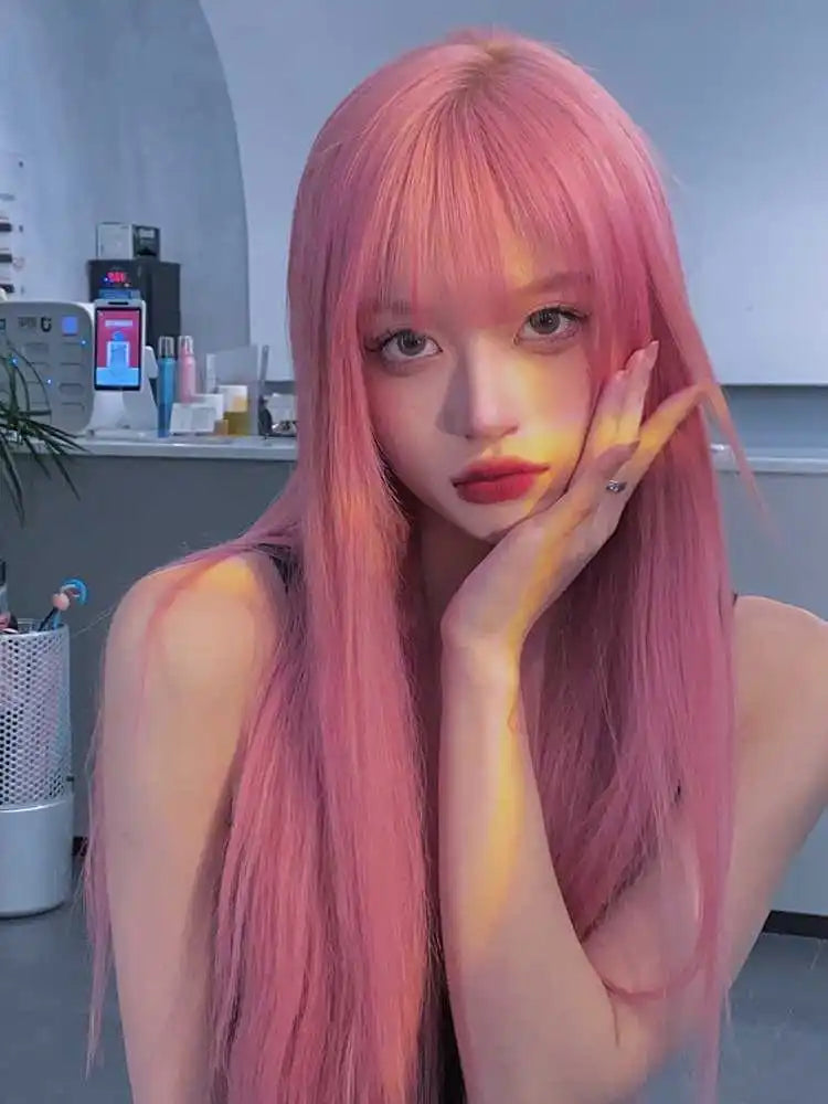 Pink Synthetic Wig With Long Straight Bangs Natural Wig Women Daily Use Cosplay Heat Resistant Lolita Full Head Cover