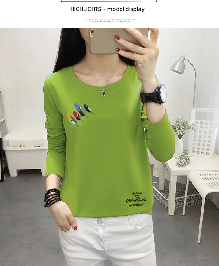 Long Sleeve T-shirt Women Simple Print Round Neck Top Loose Base Shirt Outdoor Wear Autumn Clothes