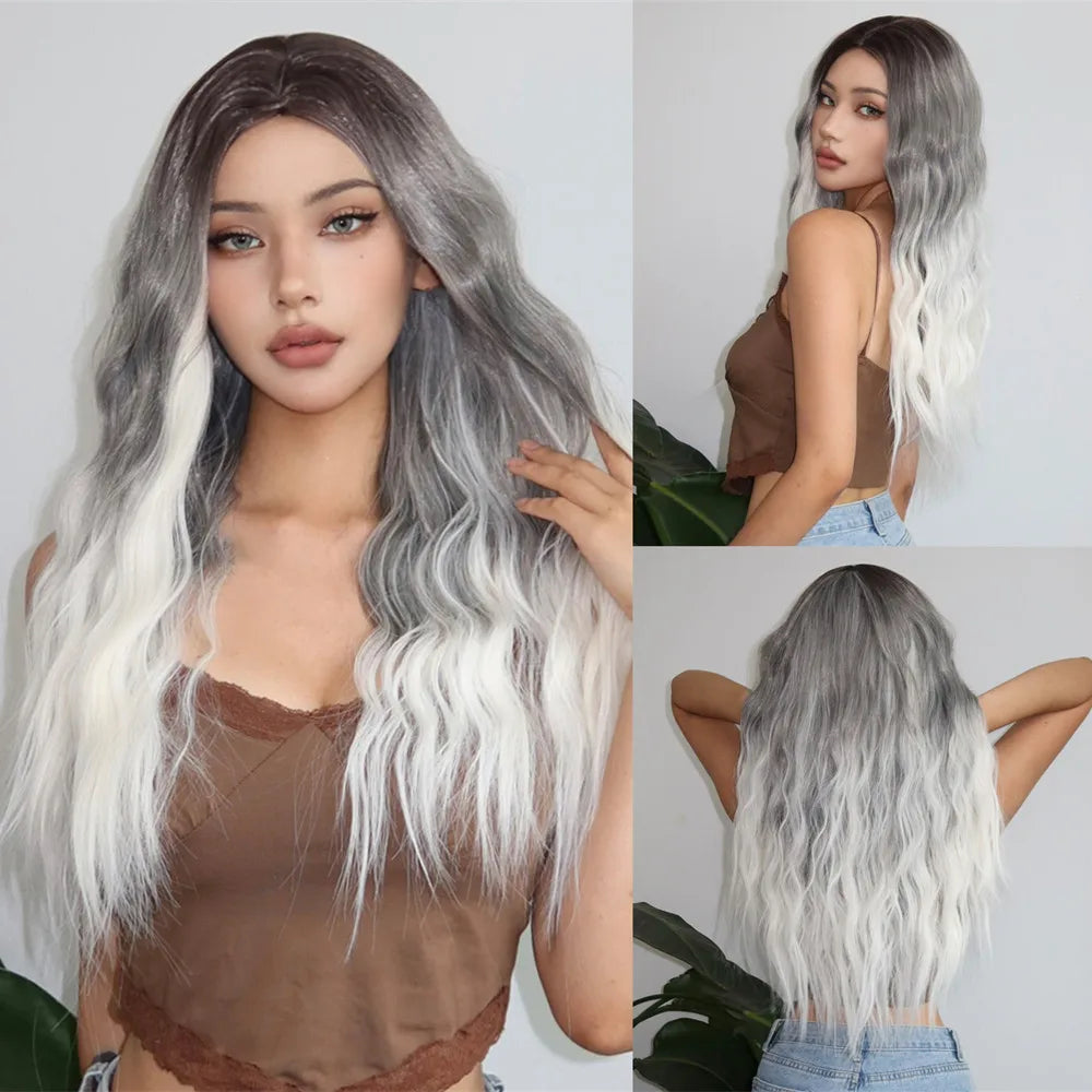 Super Long Wavy White Mixd Black Synthetic Wig Medium Part Water Wave Wigs For Women Daily Cosplay Halloween Colorfull Fake Hair