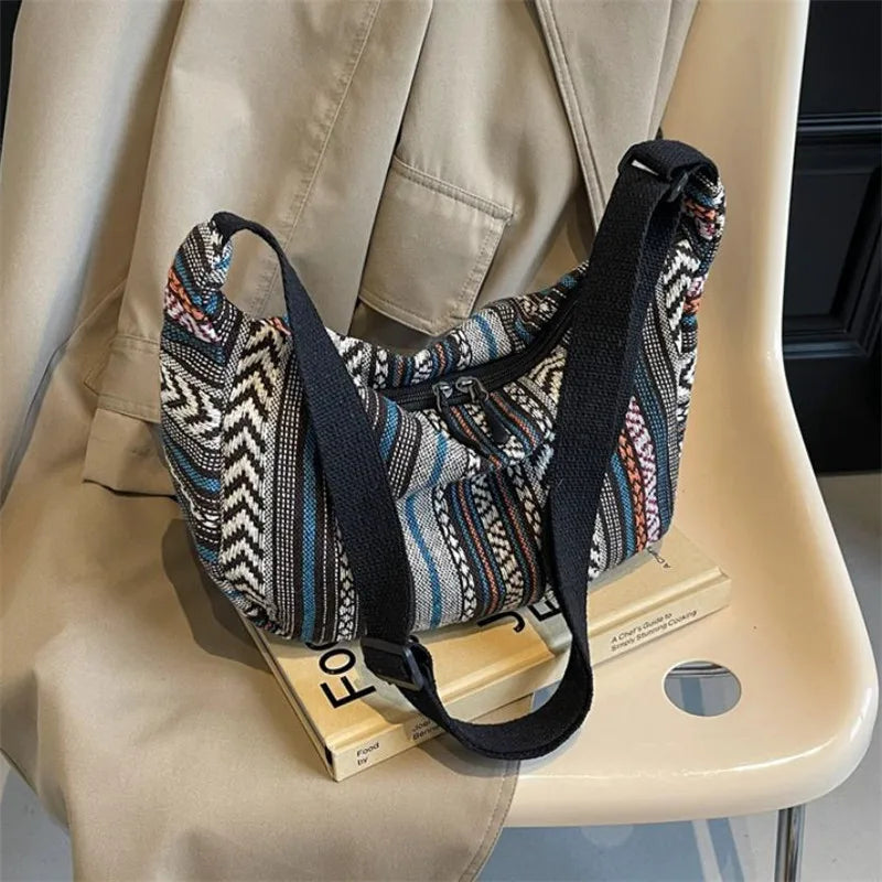 Tribal Style Shoulder Bag, Foldable Crossbody with Zipper Closure, Striped Pattern, Flag Theme Hand Washable Edge Painted Lining