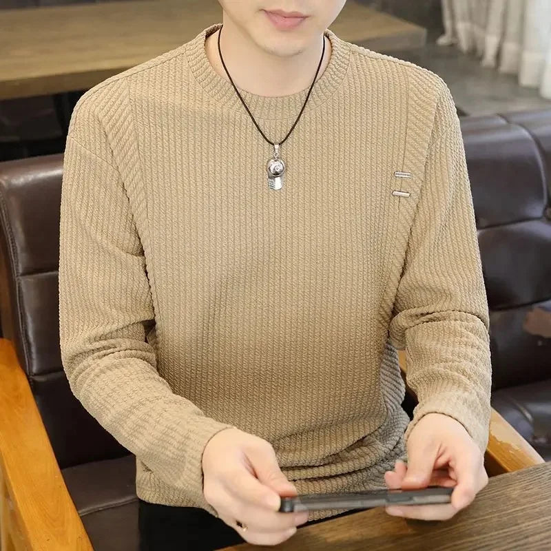 White Long Sleeve Men's T-shirt Pure Color Texture New Inner Wear Base Shirt Autumn Clothes Upper Clothes Fashion Brand