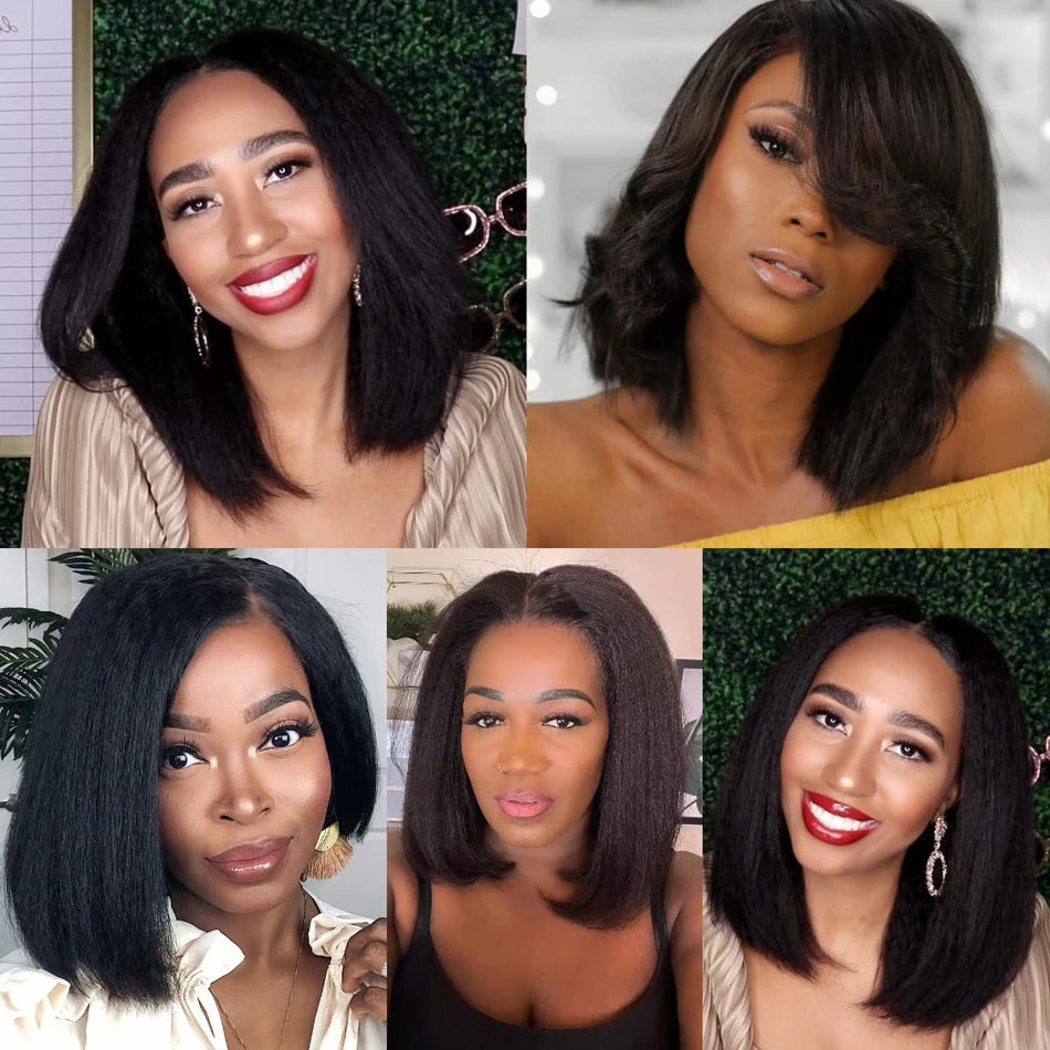 Kinky Yaki Straight Bob Lace Frontal Pre Cut Wigs 100% Human Hair Glueless Ready To Wear Short Bob HD Transparent Cheap Wigs