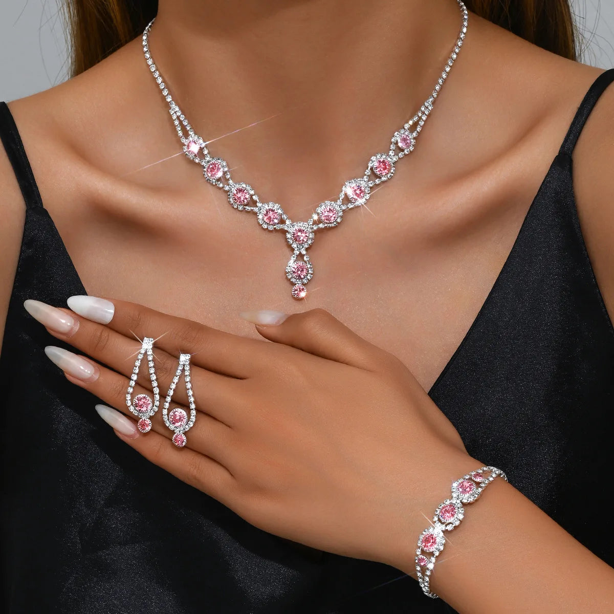 4PCS Fashion Elegant Crystal Jewelry Sets for Women Rhinestones Necklace Ring Earrings Bridal Wedding Party Jewelry Sets