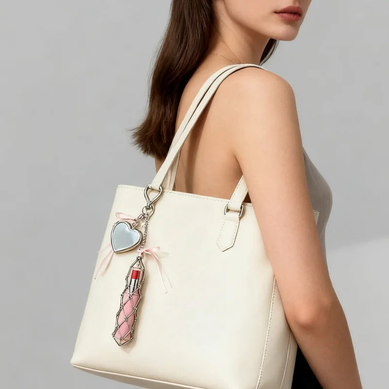 New Portable Lipstick Bag Women Metal Chain Mesh Pouch Stainless Steel Lipstick Holder Case Love Charm Keyrings Accessory