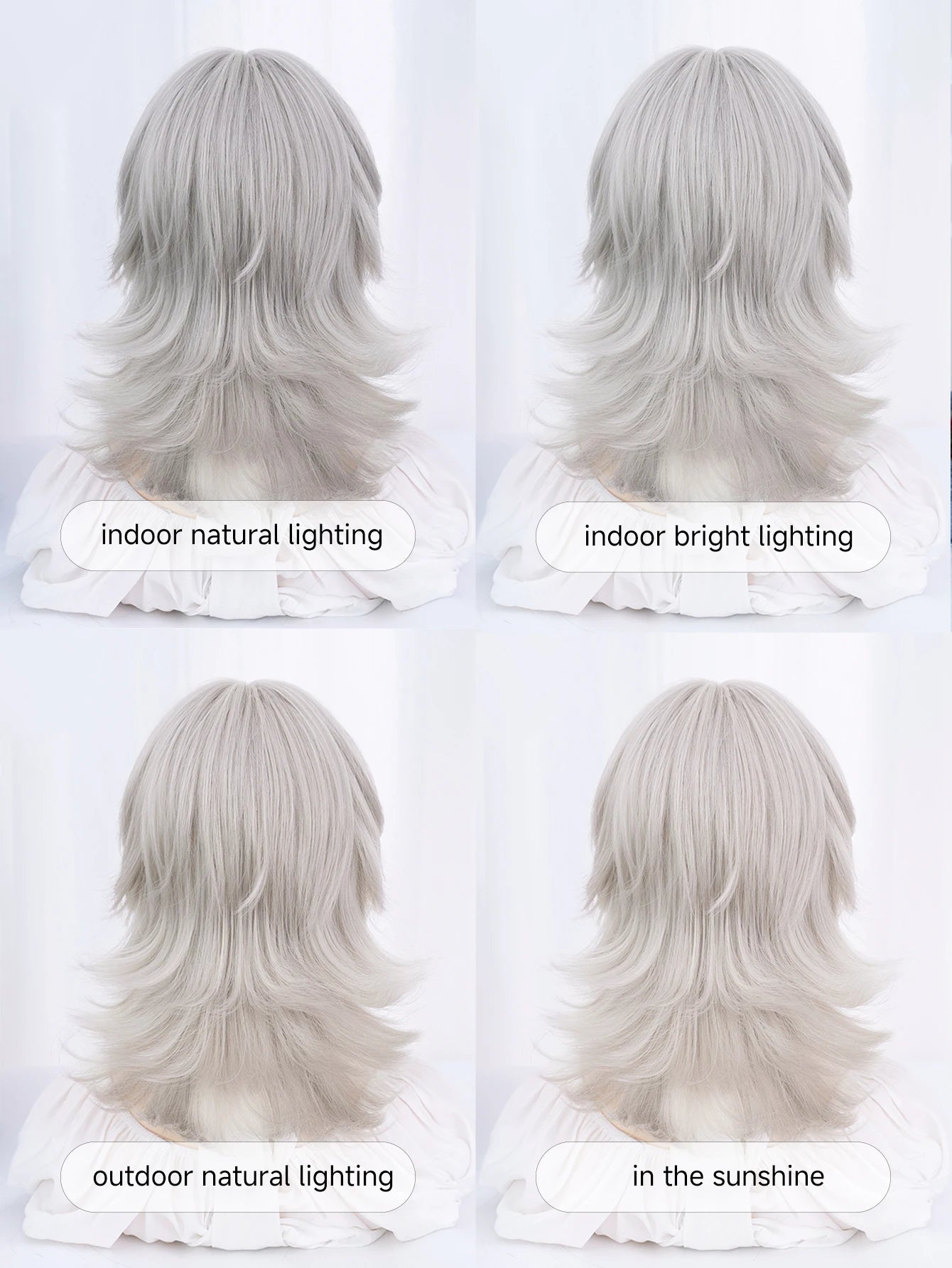16Inch Silver White Color Handsome Synthetic Wig With Bang Medium Natural Wavy Hair Wig for Man or Women Cosplay Heat Resistant