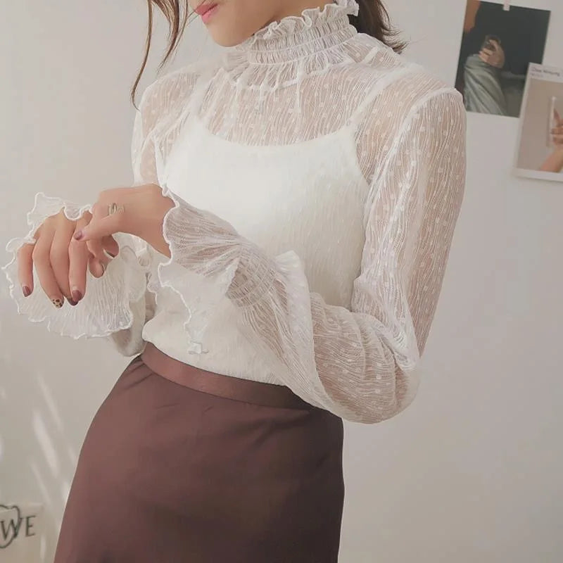 Women Sexy Mesh See Through T Shirt  Long Bell Sleeve Hollow Out Blouse Summer Transparent Sheer High Neck Bottoming Basic Tee
