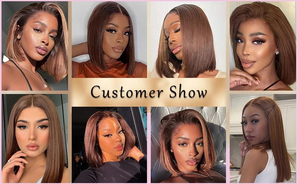 Straight Bob Wigs Chocolate Brown Colored 100% Real Human Hair 13x4 Lace Front Wigs Brazilian Remy Hair Pre Plucked Hairline