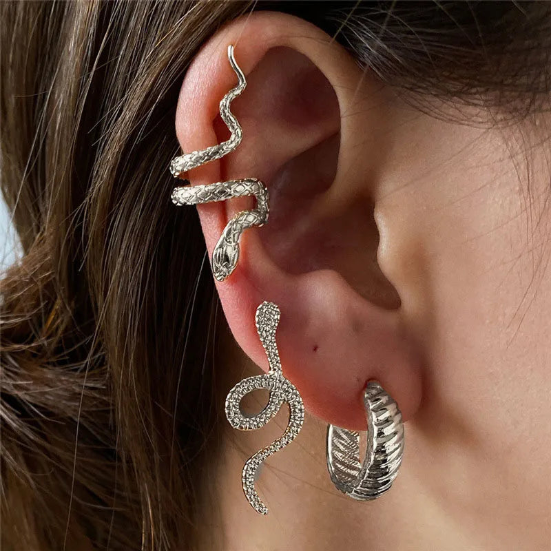 3pcs/set Women Stud Earrings Set Silver Color Snake Shape Earrings European Hiphop Style Earrings Personality Ear Jewelry