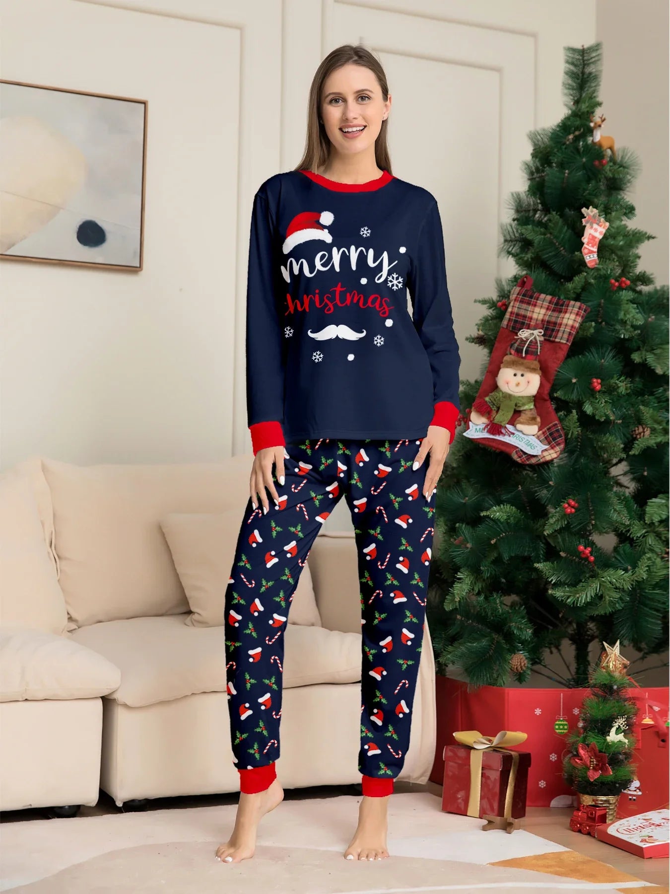 New Merry Christmas Print Mom Daughter Dad Son Matching Pajamas Set 2 Pieces Suit Soft Loose Loungewear Xmas Family Look Pyjamas
