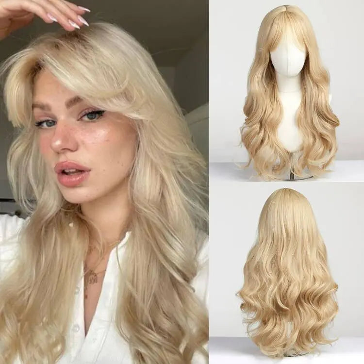 Elegant Curly Wave Ash Blonde Wig Synthetic Hair with Bangs Long Women Party Cospaly Wig 100% Tang Long  Heat Resistant Fiber