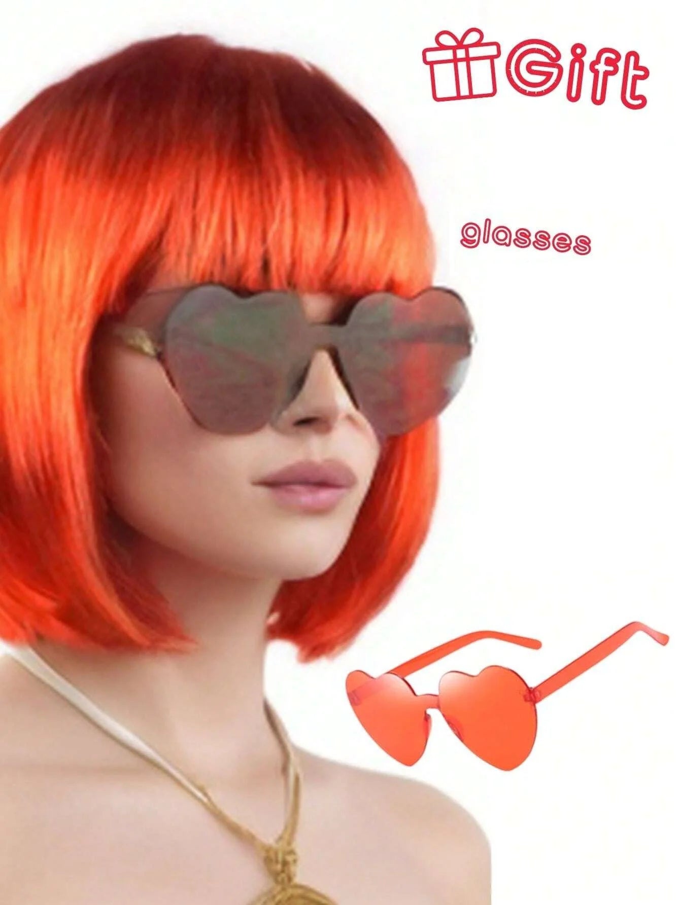 Halloween Party Prop Colorful Short Straight Bobo Wig, Funny & Novelty, With Free Frameless Heart-Shaped Sunglasses