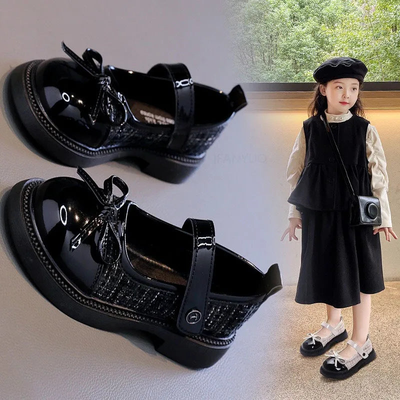 Spring Autumn Children's Leather Shoes with Bowknot Versatile Girls Fashion Mary Jane Shoes Causal Patchwork Kids Princess Shoes