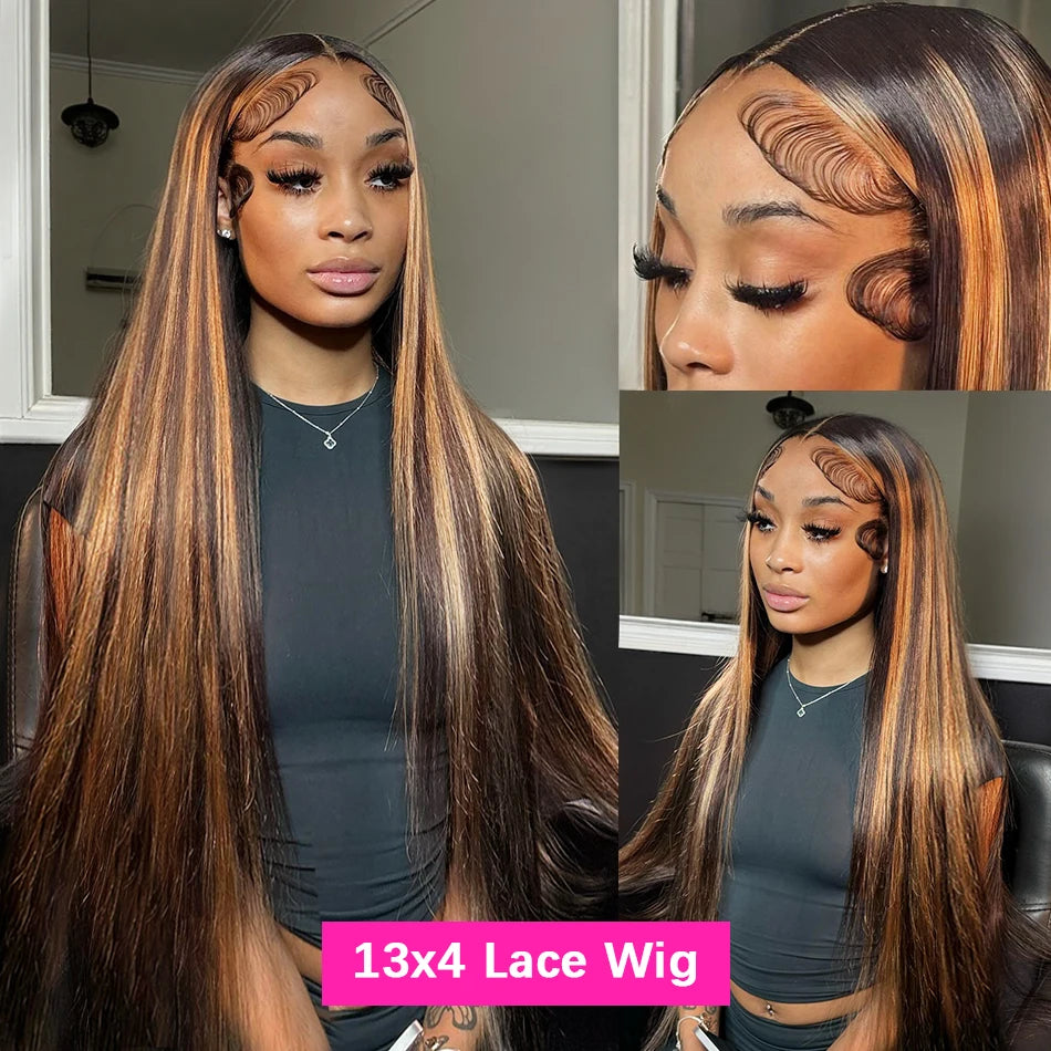 30 32 Inch 13x4 13x6 HD Highlight Ombre Straight Human Hair Wigs Honey Blonde Bone Straight Lace Front Human Hair Wig For Women