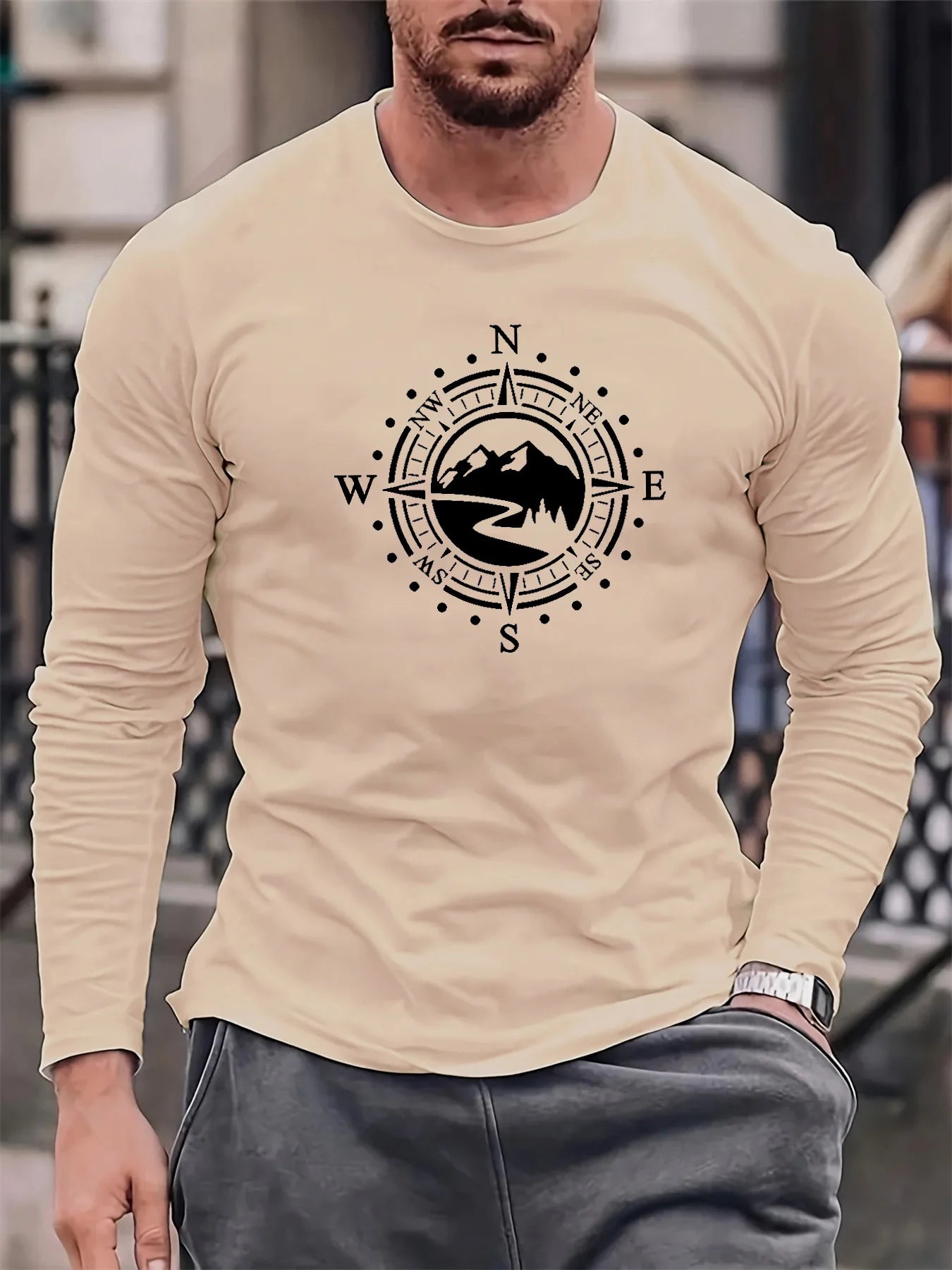 Men's 100% pure cotton loose fit comfortable sports and leisure mountain compass pattern printed round neck long sleeved T-shirt
