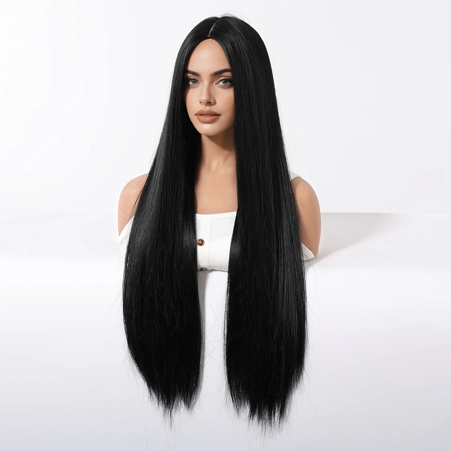 Elegant 28 Inch Black Straight Synthetic Wig for Women, High Temperature Fiber, 150% Density, with Rose Net Cap, for Parties and