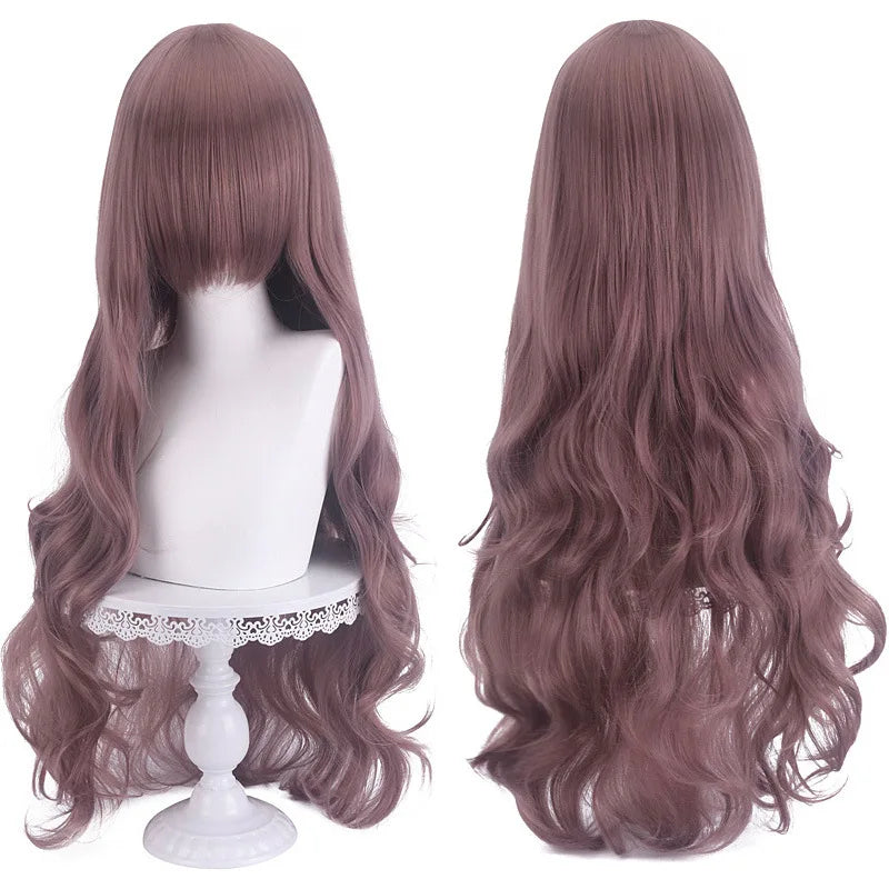 Diagonal Bangs Curly Long Wave Wig for Women Heat-resistant Fiber Synthetic Wig for Daily Cosplay