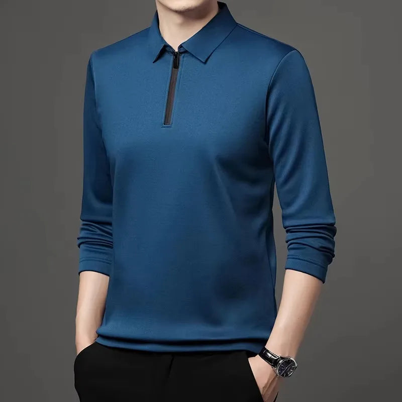 New T Shirt Zipper Polo Shirt Male Fashion Turn-Down Collar Long Sleeve Business Men Clothes