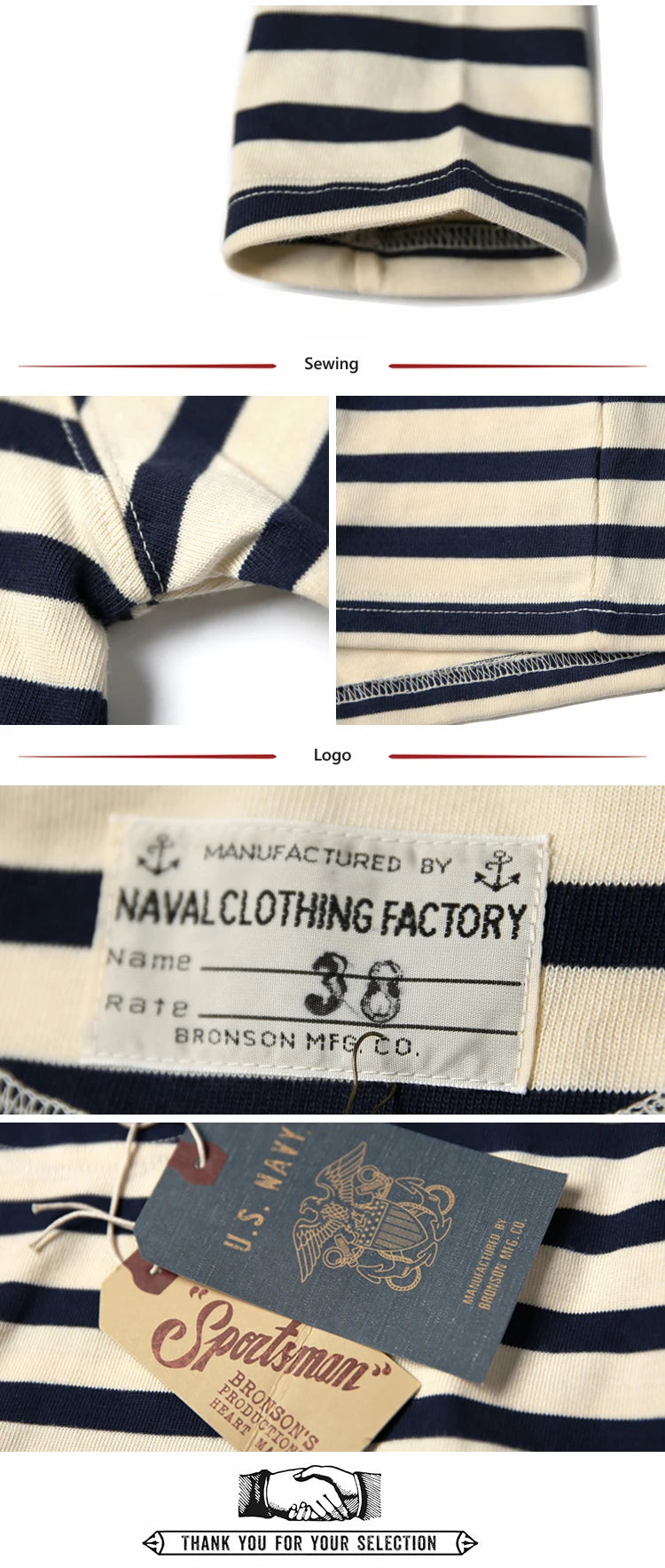 Bronson Sailor's Striped Shirt Vintage Fashion Breton Boat Collar Long Sleeve T-Shirt