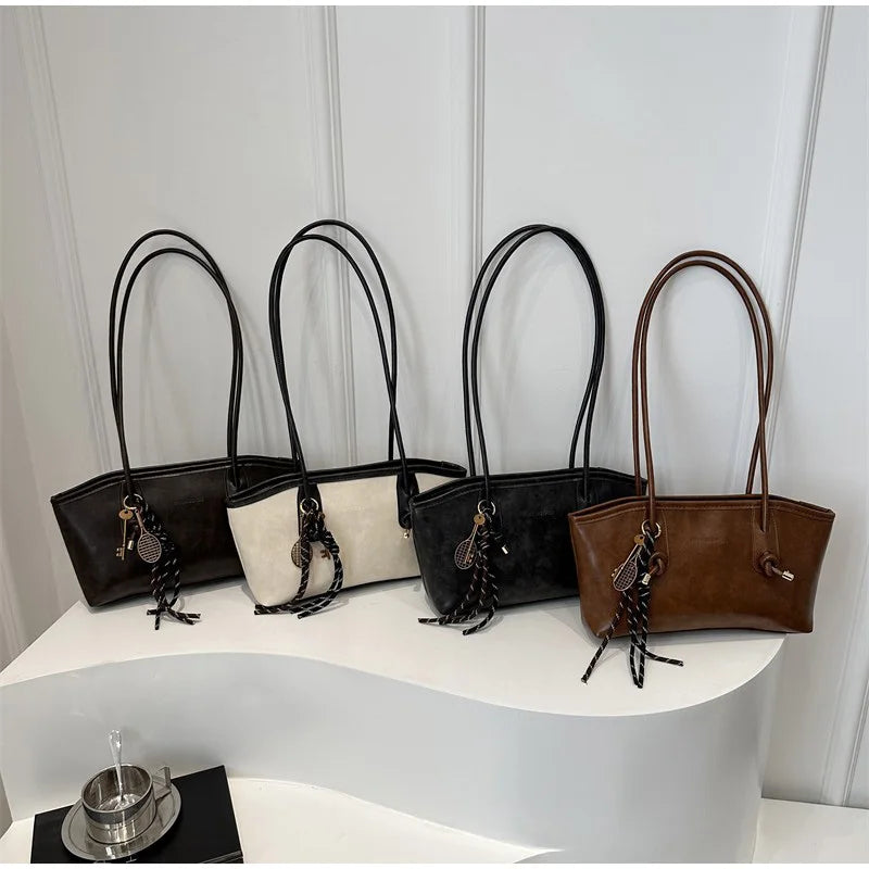 European American Retro Tote Bag, Korean Fashion Shoulder Bags Advanced Simple Handbag New Large Capacity Pendant Versatile Bags