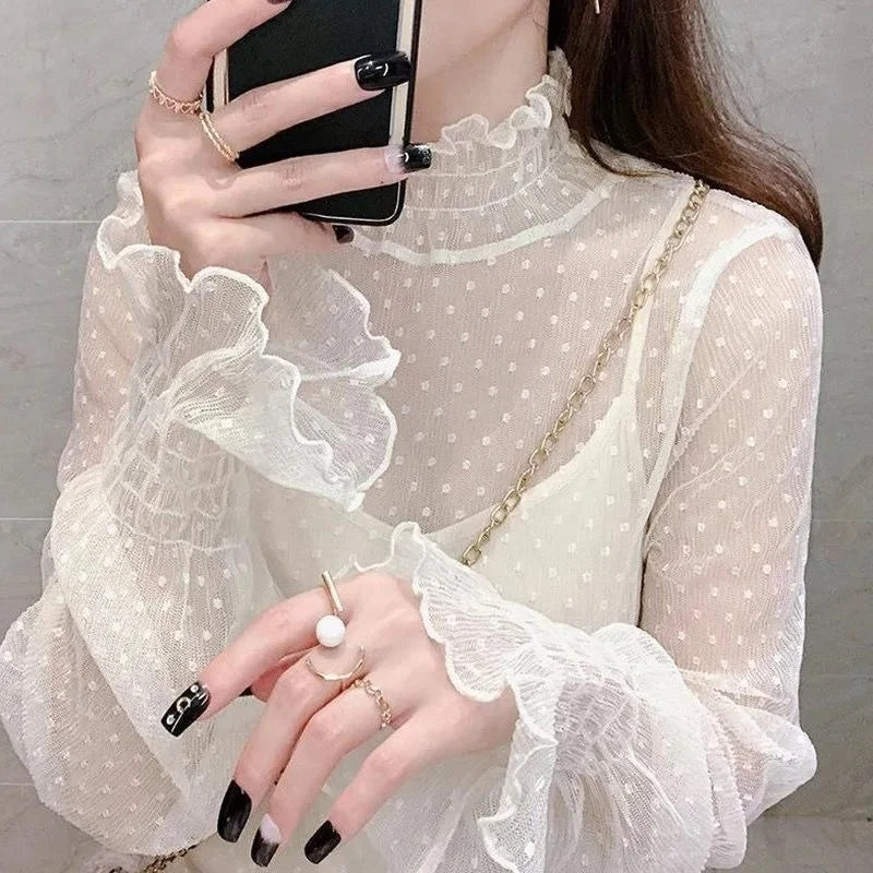 Women Sexy Mesh See Through T Shirt  Long Bell Sleeve Hollow Out Blouse Summer Transparent Sheer High Neck Bottoming Basic Tee