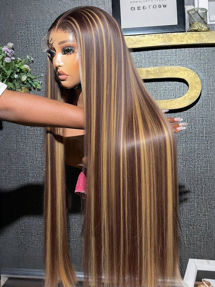 30 32 Inch 13x4 13x6 HD Highlight Ombre Straight Human Hair Wigs Honey Blonde Bone Straight Lace Front Human Hair Wig For Women