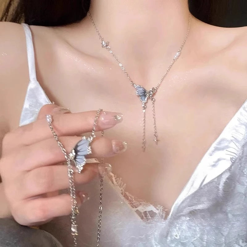 2025 Trendy Butterfly Tassel Zircon Pendant Necklace Crystal Chain Punk Party Statement Jewelry for Women Girls