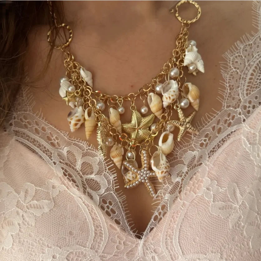 Aihua Bohemia Gold Color Imitation Pearl Conch Shell Starfish Necklace for Women Choker Necklace Collars Summer Beach Jewelry