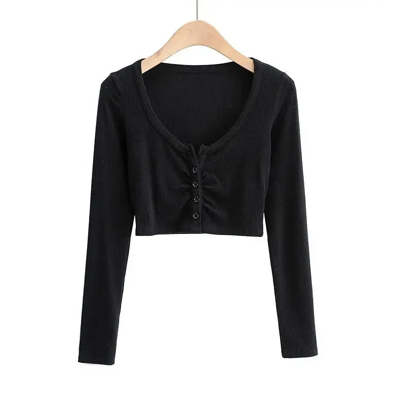 Spring Summer Women Long Sleeve Button T Shirt Female Solid Slim Sexys Casual Tee Shirt Femmes Y2k Clothes Streetwear Crop Tops