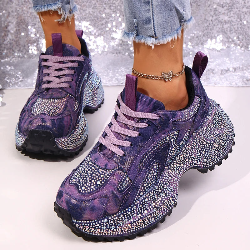 Luxury Rhinestone Chunky Sneakers for Women Fashion Purple Denim Platform Sports Shoes Woman Non Slip Thick Sole Vulcanize Shoes