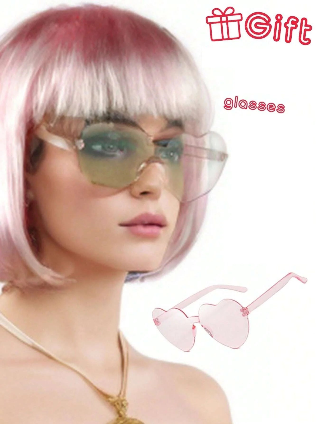 Halloween Party Prop Colorful Short Straight Bobo Wig, Funny & Novelty, With Free Frameless Heart-Shaped Sunglasses