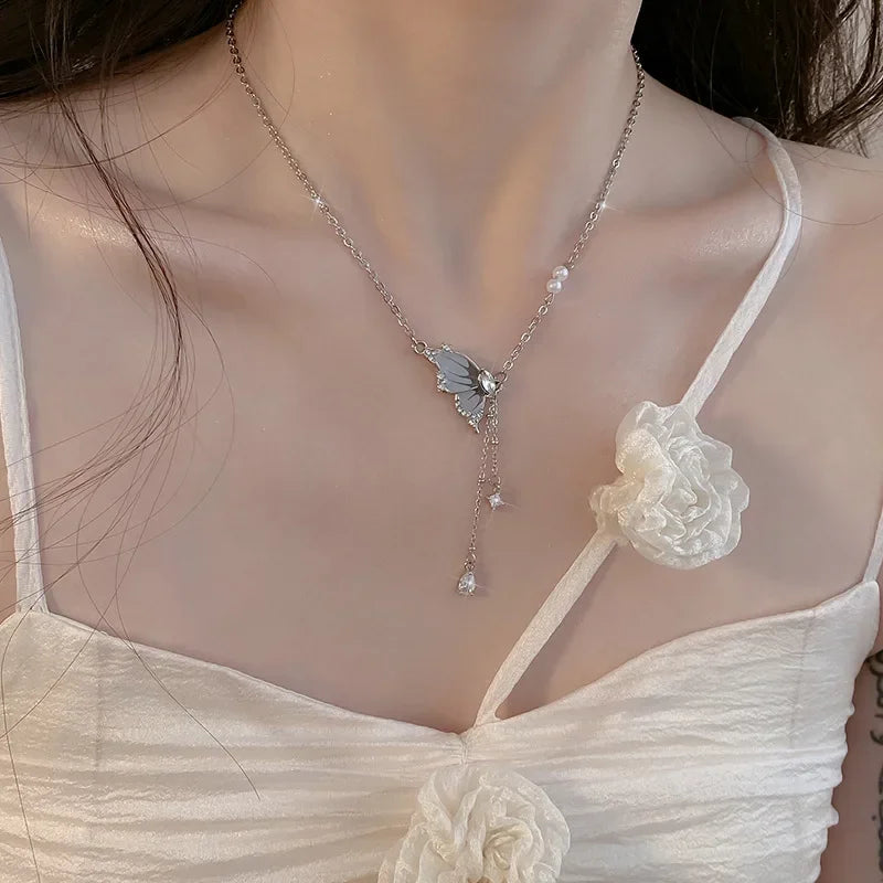 2025 Trendy Butterfly Tassel Zircon Pendant Necklace Crystal Chain Punk Party Statement Jewelry for Women Girls