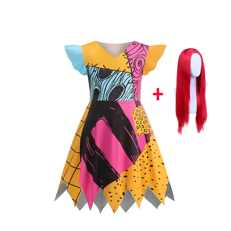 Baby Girls Halloween Costumes Cosplay Dress Nightmare Before Xmas Children Carnival Princess Sally Party Clothes 2-10 Years