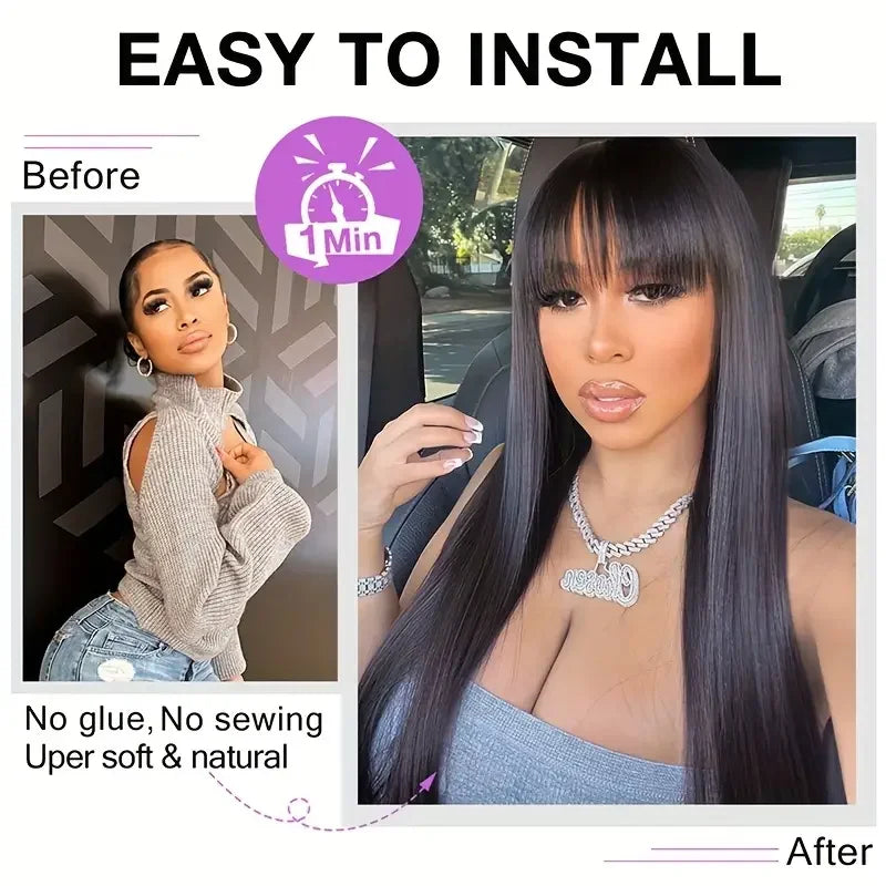 100% Human Hair Wigs Wear Go Glueless Straight Wig With Bangs Natural Black Color Straight Machine Made Wig with Fringe Bobbi