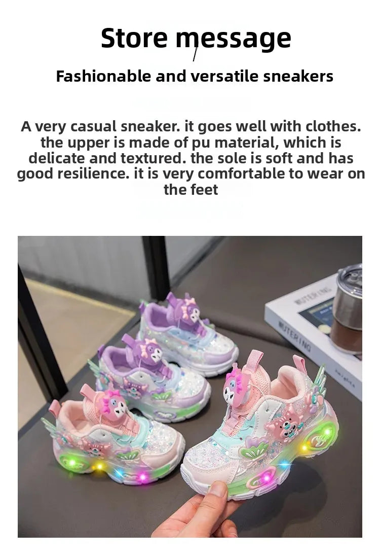 Girls Cartoon Rotating Button Sports Shoes Soft Bottom Kuroko Light up Dad Shoes Breathable Rubber Spring Season Kids Sneakers