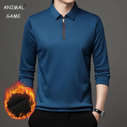 New T Shirt Zipper Polo Shirt Male Fashion Turn-Down Collar Long Sleeve Business Men Clothes