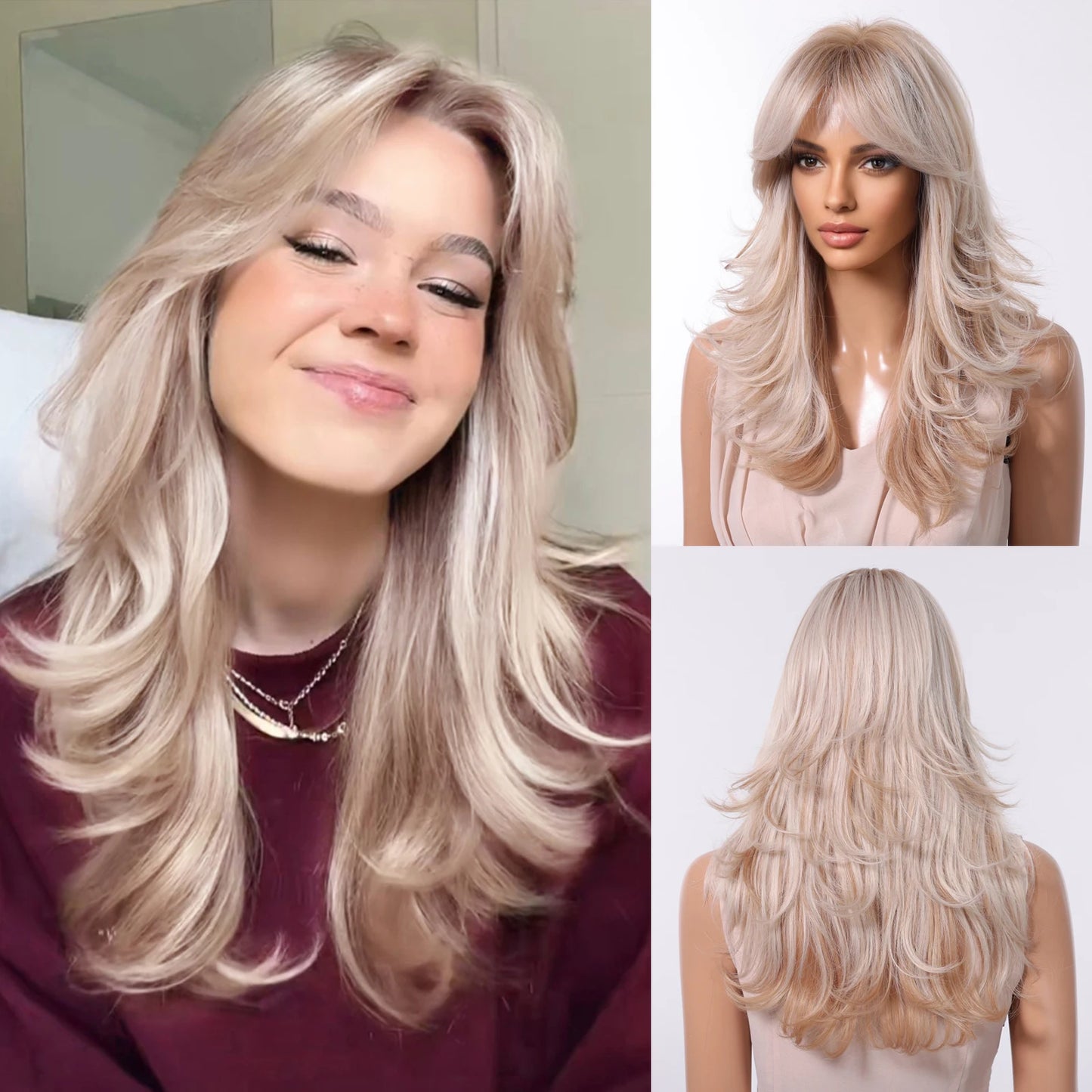 Elegant Curly Wave Ash Blonde Wig Synthetic Hair with Bangs Long Women Party Cospaly Wig 100% Tang Long  Heat Resistant Fiber
