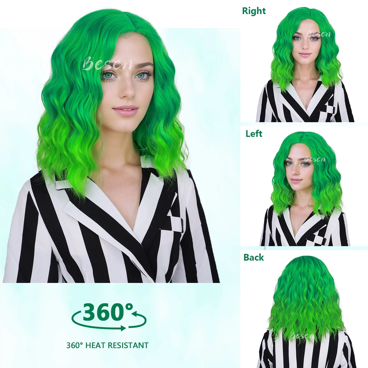 Synthetic Green Ombre Wig for Women Short Curly Wavy Green Bob Wigs Cosplay Halloween Wigs Heat Resistant Bob Party Wig