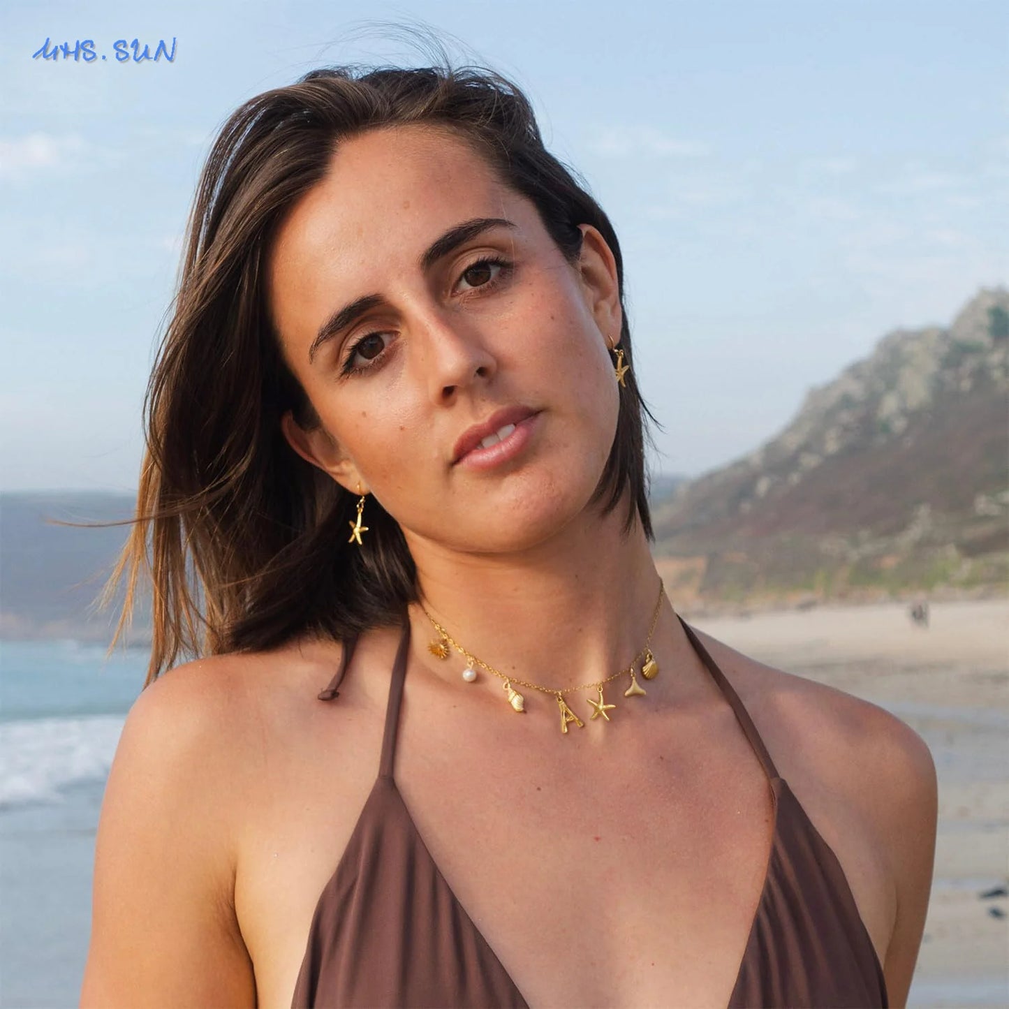 MHS.SUN Starfish Shell Initial Necklace Waterproof 18K Gold Plated Stainless Steel Charm Necklaces Surfer Girl Summer Beach Gift