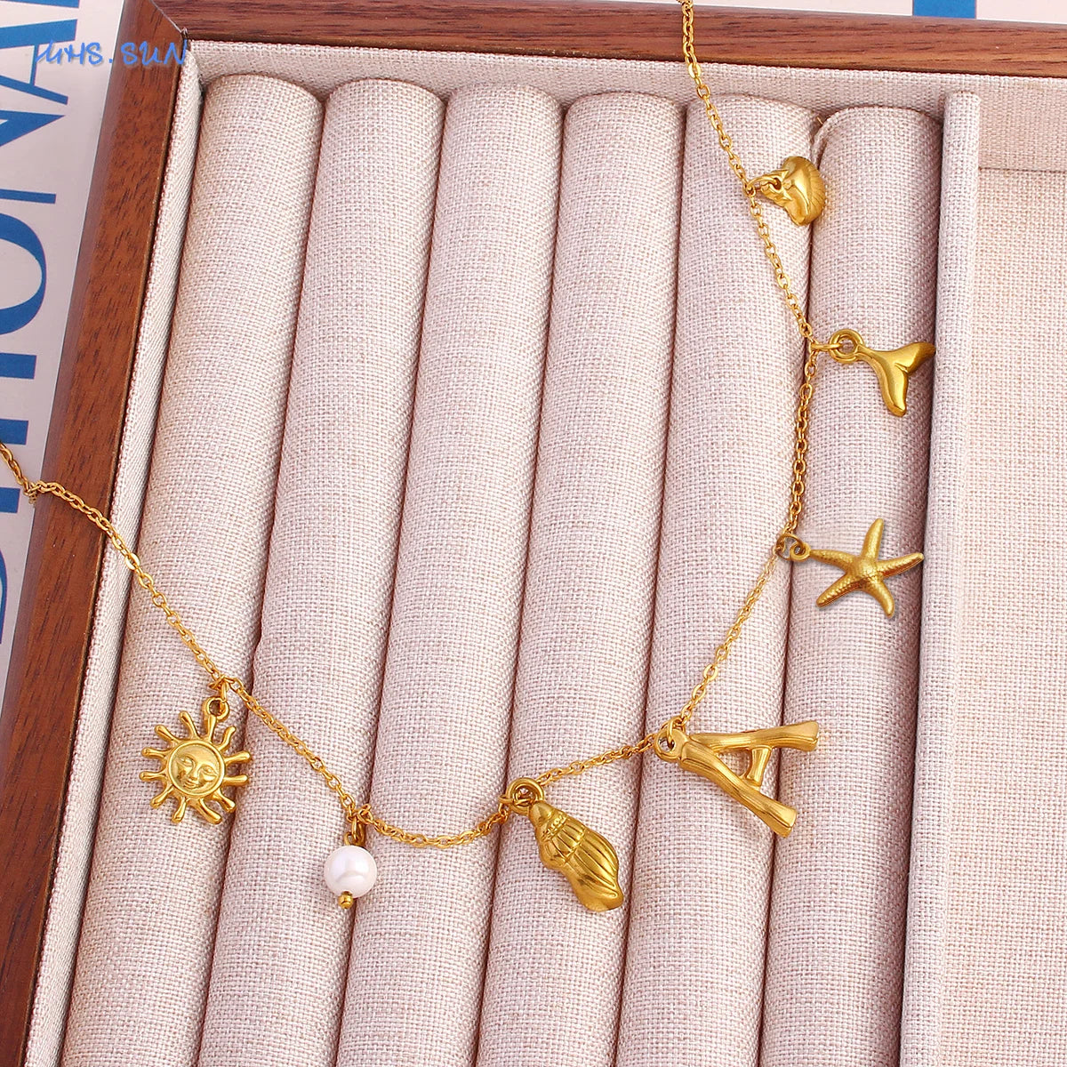 MHS.SUN Starfish Shell Initial Necklace Waterproof 18K Gold Plated Stainless Steel Charm Necklaces Surfer Girl Summer Beach Gift