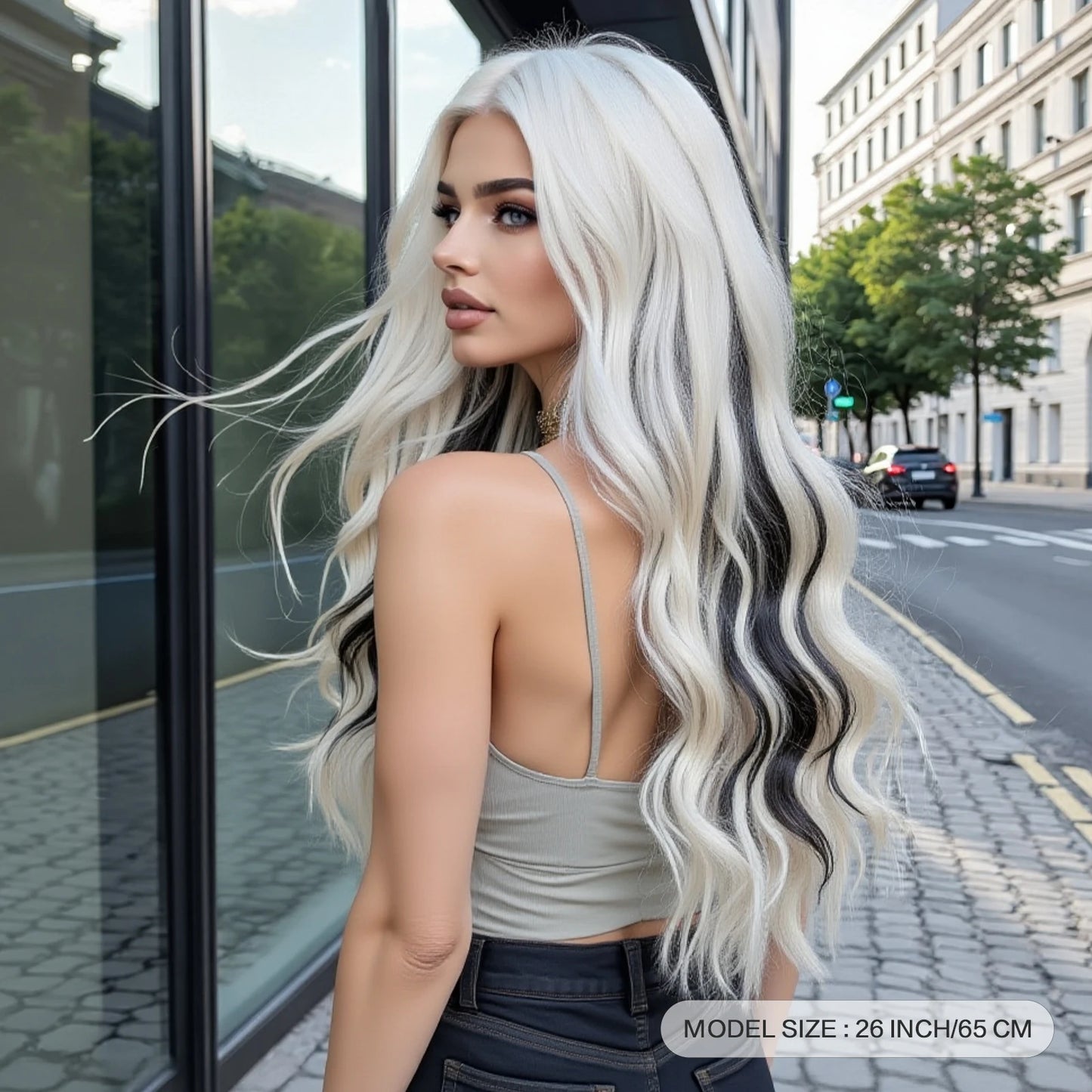 Super Long Wavy White Mixd Black Synthetic Wig Medium Part Water Wave Wigs For Women Daily Cosplay Halloween Colorfull Fake Hair
