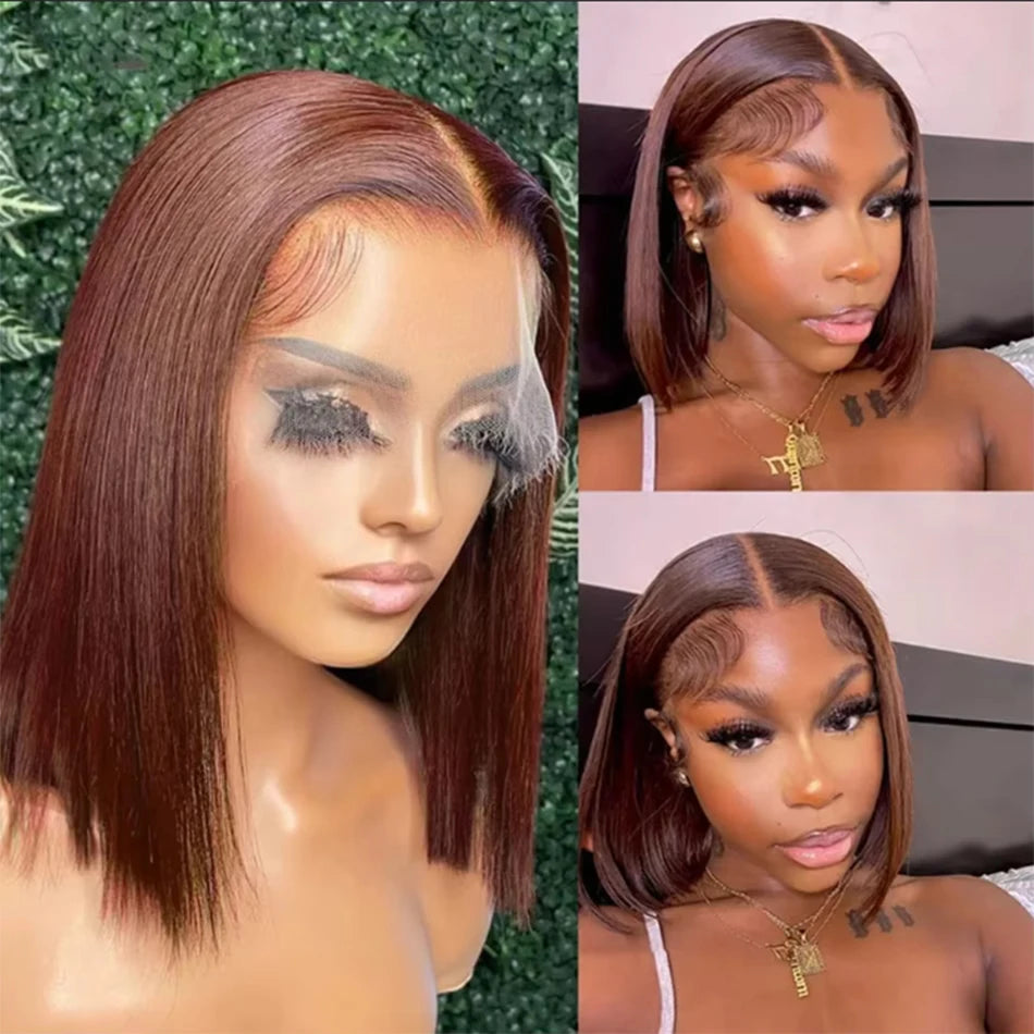Straight Bob Wigs Chocolate Brown Colored 100% Real Human Hair 13x4 Lace Front Wigs Brazilian Remy Hair Pre Plucked Hairline
