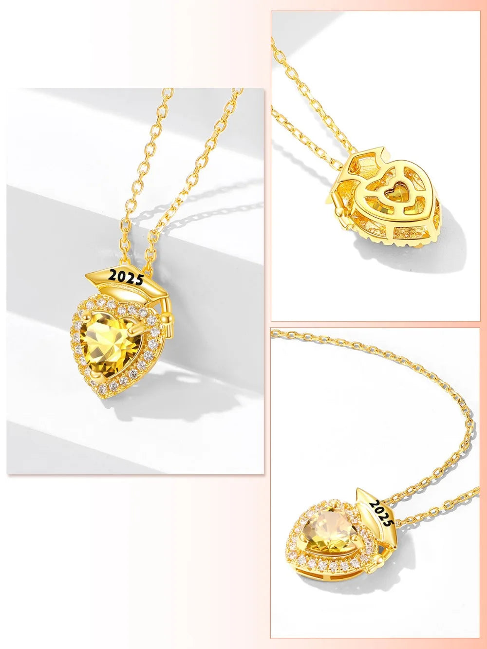 U7 2025 Graduation Necklaces for Women Bachelor Cap Clear White A+++ CZ Heart Birthstones Jewelry Gift for Daughter Girlfriend