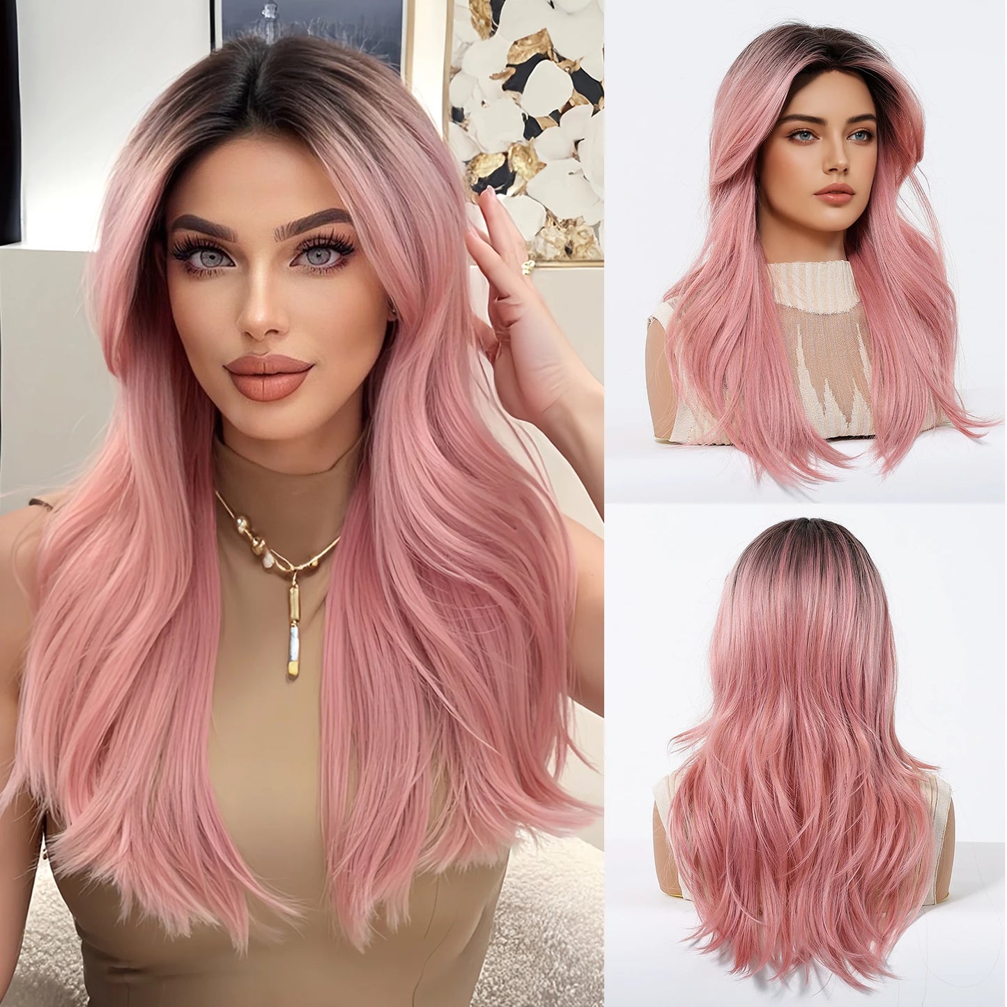 Elegant Curly Wave Ash Blonde Wig Synthetic Hair with Bangs Long Women Party Cospaly Wig 100% Tang Long  Heat Resistant Fiber