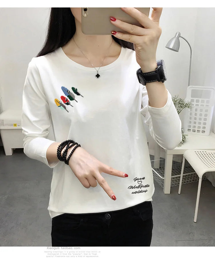 Long Sleeve T-shirt Women Simple Print Round Neck Top Loose Base Shirt Outdoor Wear Autumn Clothes