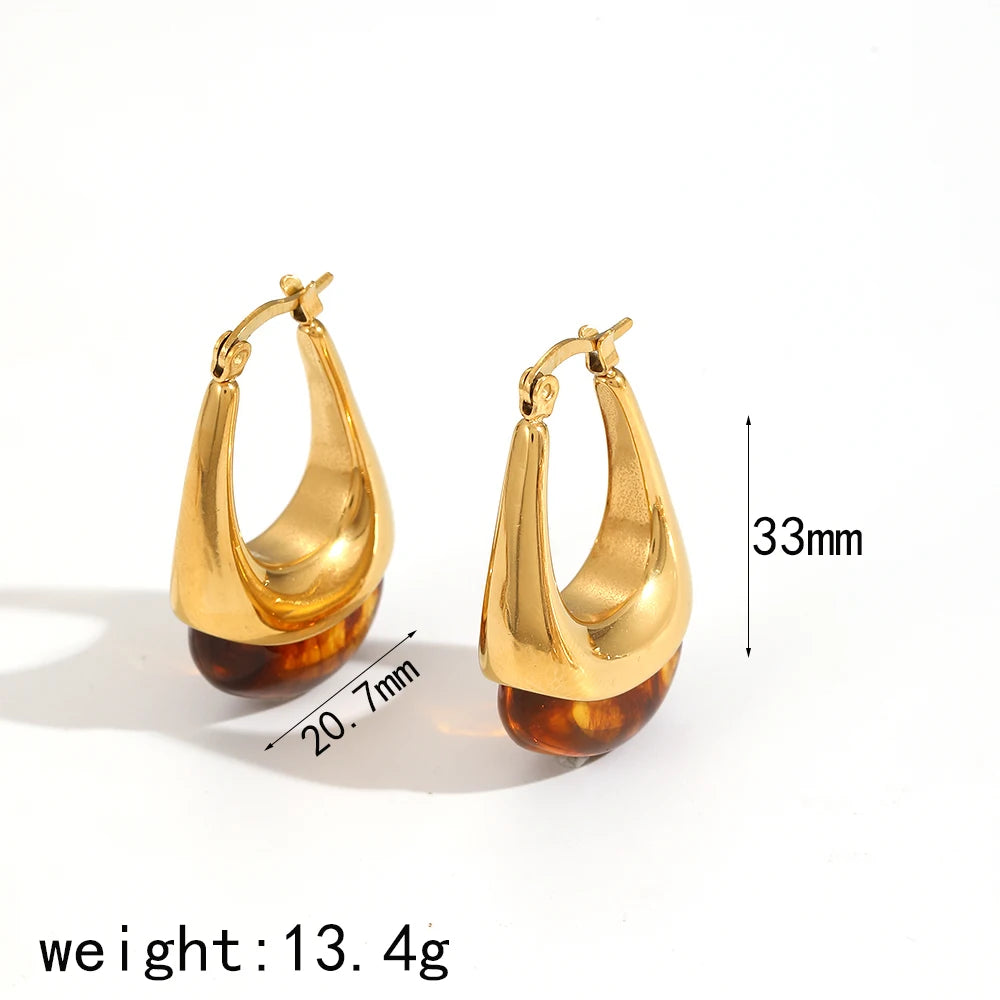 2025 New Design Brown Resin Geometric Shape Earrings Stainless Steel 18k Gold-plated Ear Studs for Women