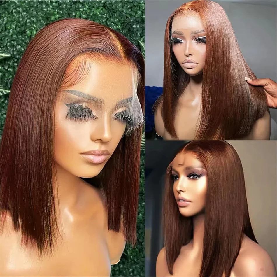 Straight Bob Wigs Chocolate Brown Colored 100% Real Human Hair 13x4 Lace Front Wigs Brazilian Remy Hair Pre Plucked Hairline