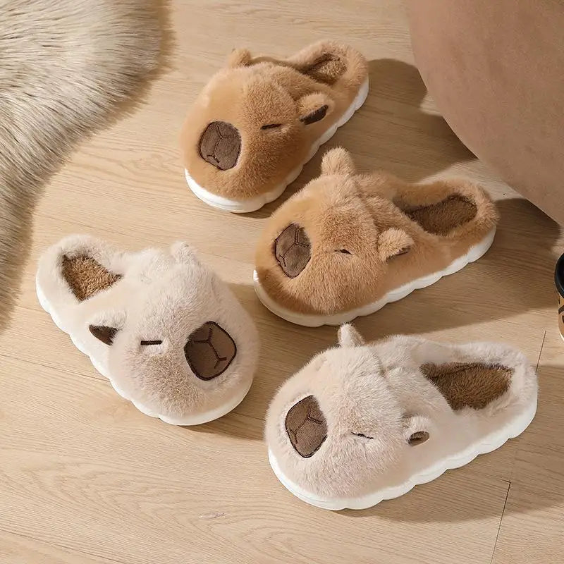 Cute Cartoon Capybara Cotton Slippers Women 2025 Winter Soft Thick Bottom Indoor Couple Slides Warm Faux Fur Bedroom Slippers