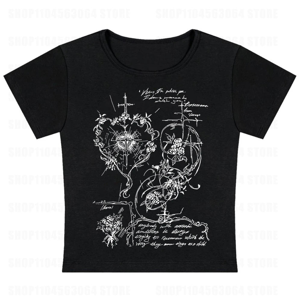 2k Fairy Grunge Graphic T-Shirts for Women E-Girls Goth Rib Long Sleeve Tee Tops Vintage Emo Clothes 2000s Retro Streetwear