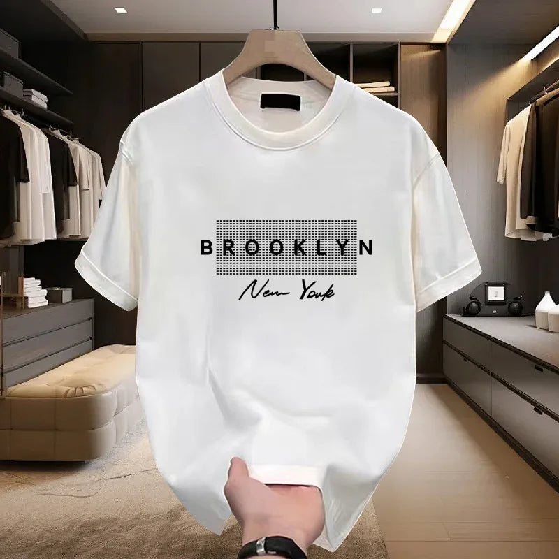 2025 Summer Fashion Men's Cotton Short sleeved T-shirt Round Neck Loose Letter Printed Moisture wicking and Sweating Top