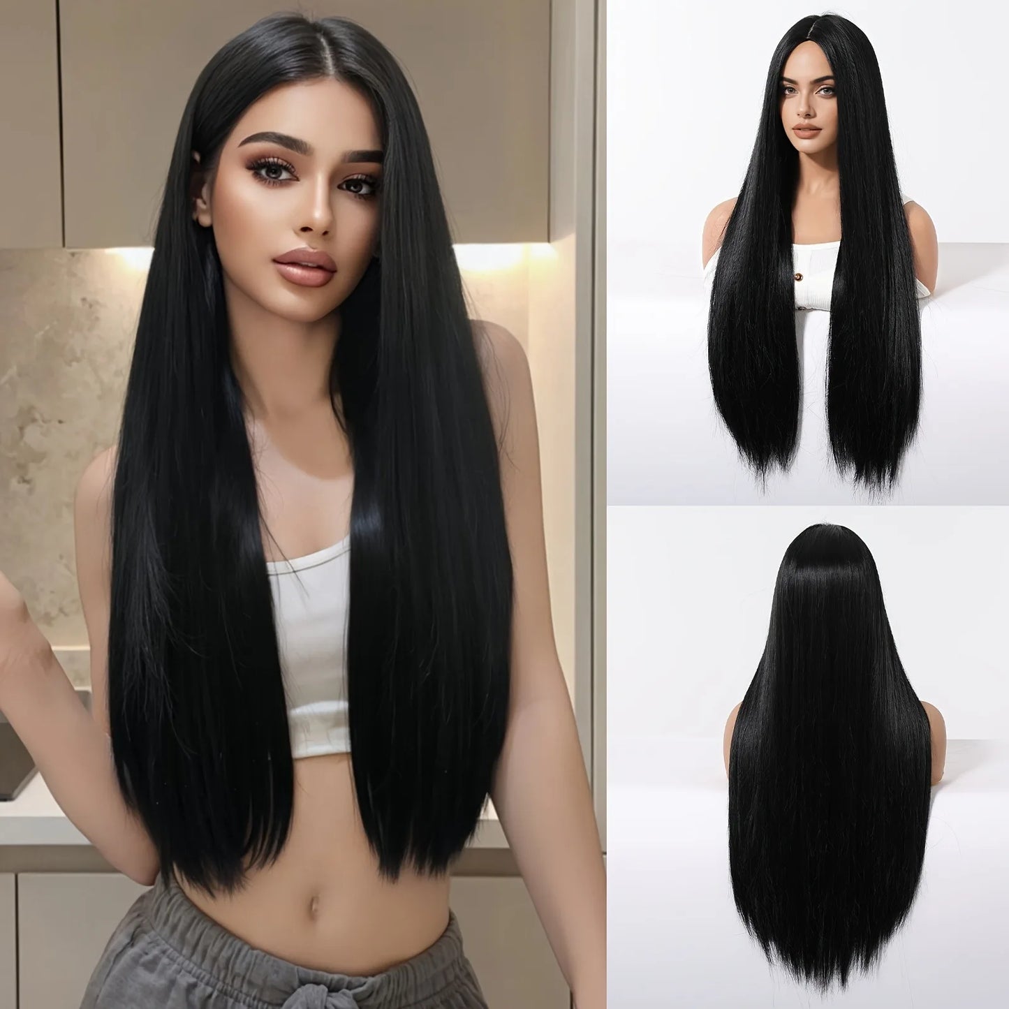 Elegant 28 Inch Black Straight Synthetic Wig for Women, High Temperature Fiber, 150% Density, with Rose Net Cap, for Parties and